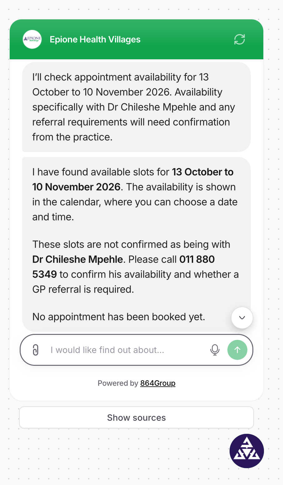 AI concierge demonstration, response identifying Dr Chileshe Mpehle and guiding to appointment availability, on 13 October 2026