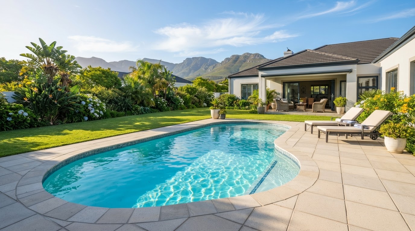 Sunlit suburban swimming pool in Durbanville with clear turquoise water