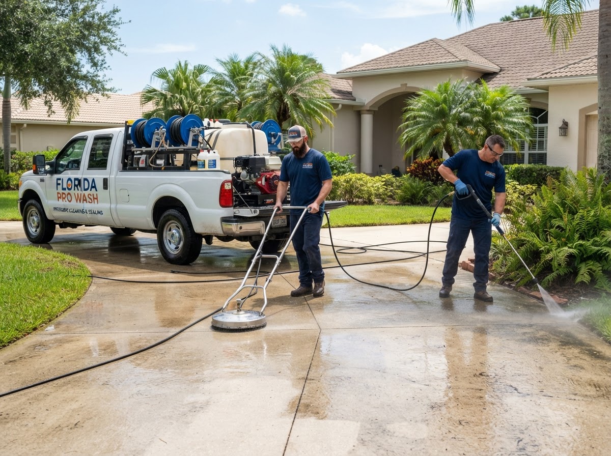 Wash Masters Services crew and pressure washing rig on an Orlando job site