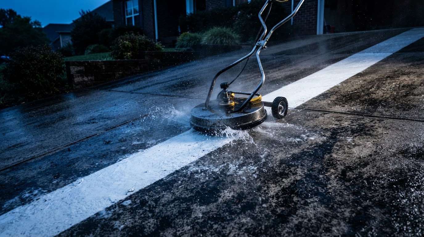 Surface cleaner cutting a bright clean stripe through a dark grimy Orlando driveway