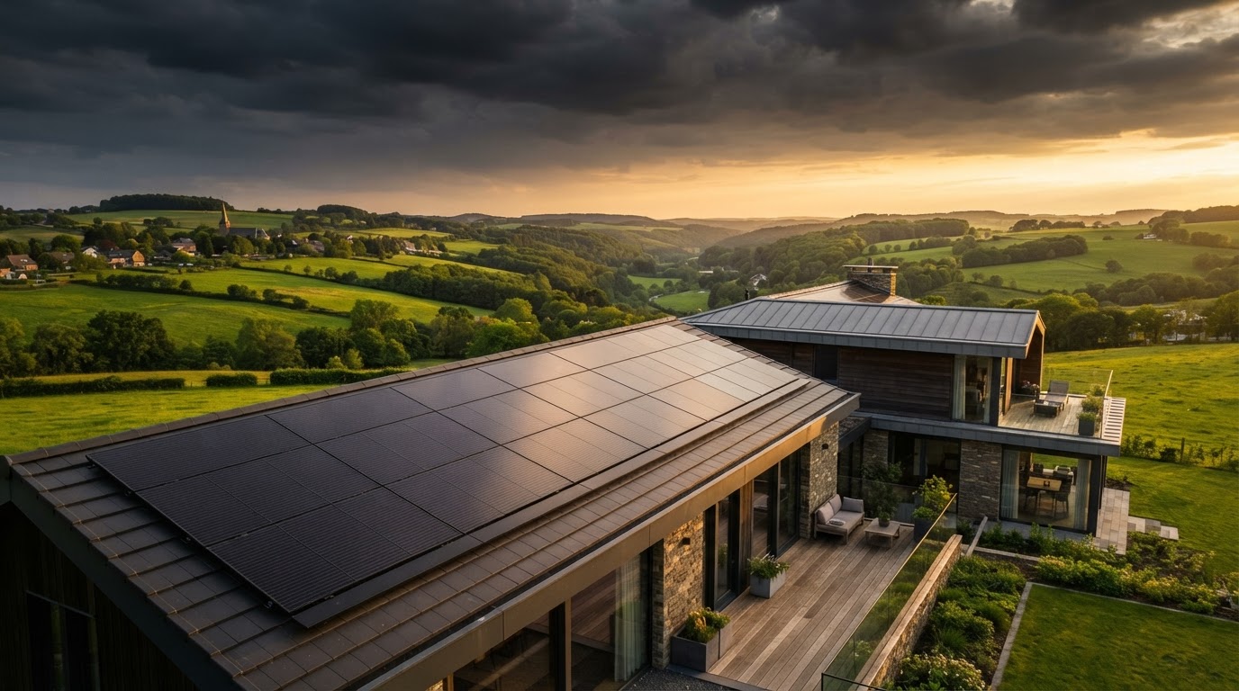 Zonnepanelen op een dak in Limburg met gouden licht — thuisbatterij installatie door Dynolis voor Limburg & Brabant