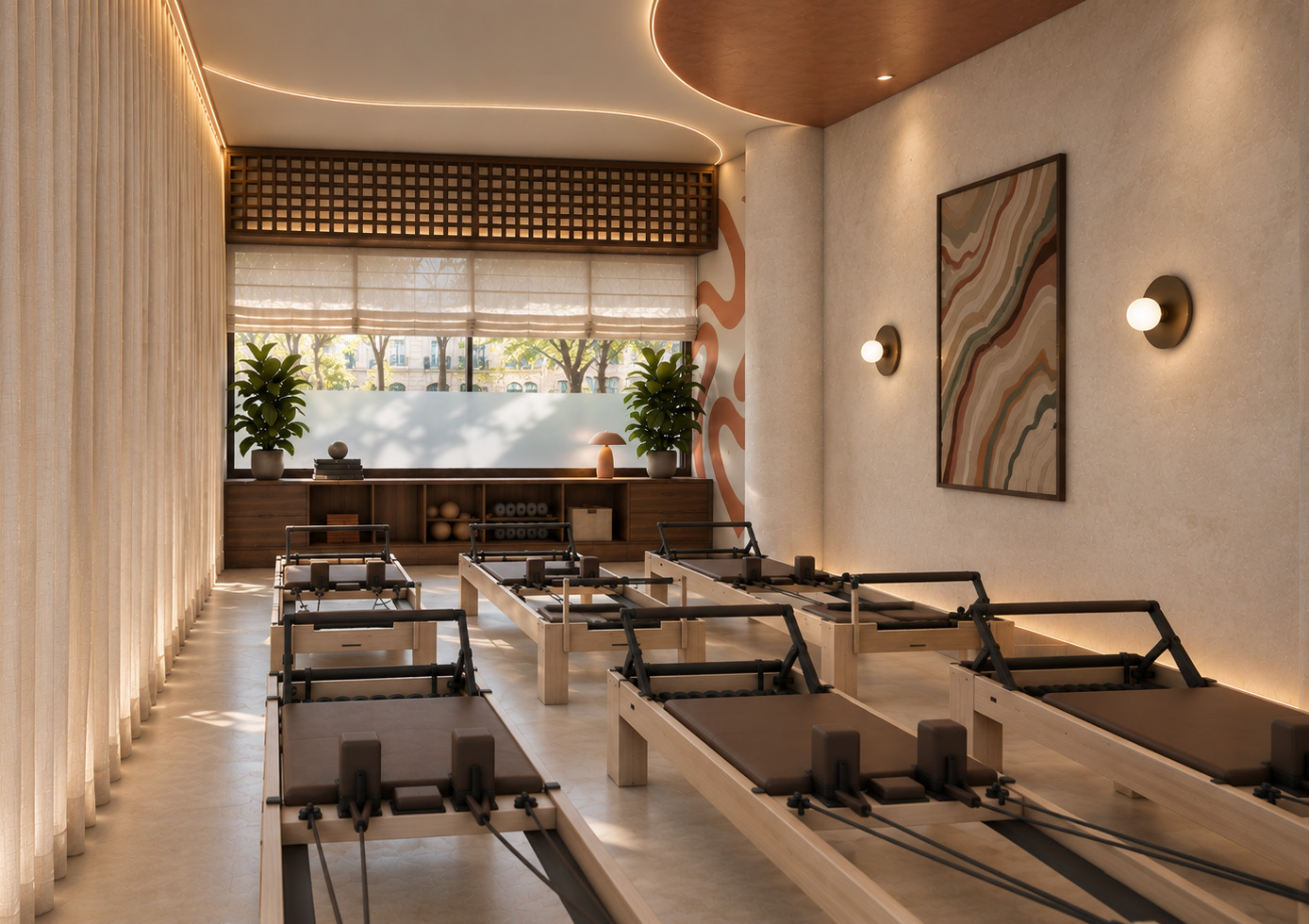 Dhara Studio Pilates Reformers and serene interior