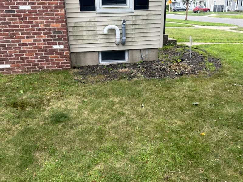 Cleaned home foundation perimeter lawn and mulch bed after brush clearing in Agawam MA