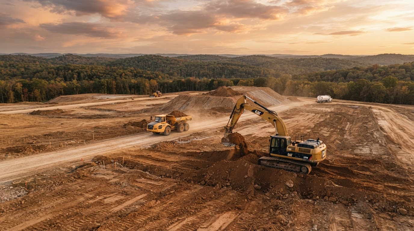 Crawler excavator clearing a commercial development lot
