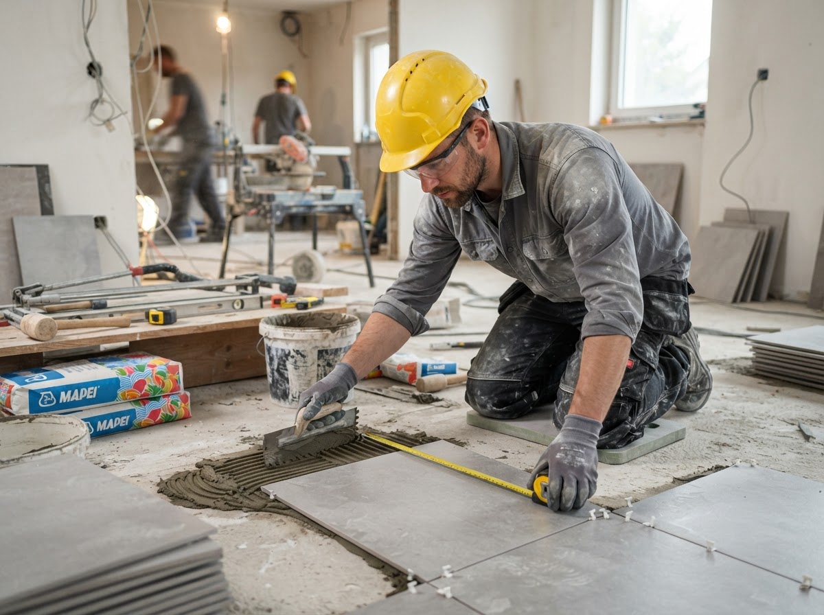 MBS Renovation craftsman measuring and tiling in Singapore