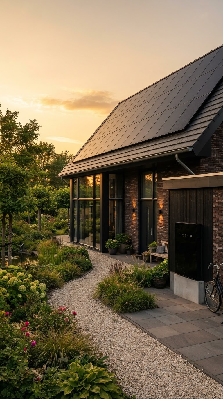 Moderne Nederlandse woning met zonnepanelen op schuin dak en een thuisbatterij