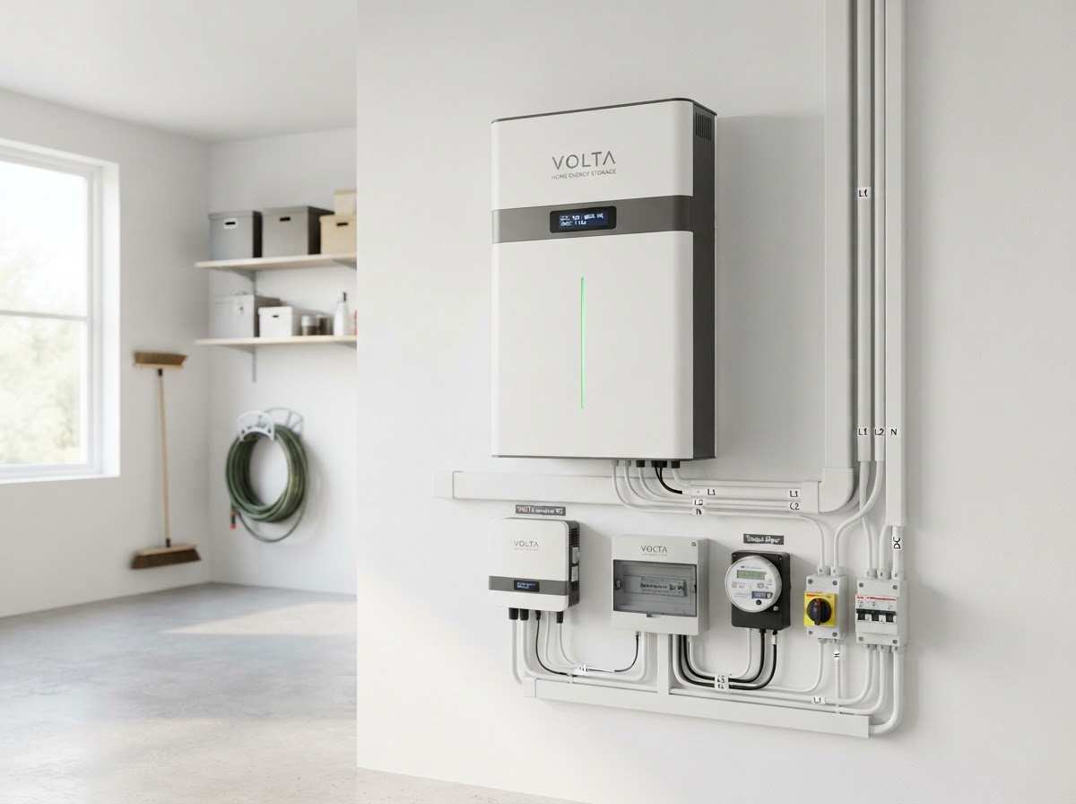 Een nette thuisbatterij-opstelling aan de wand in een meterkast