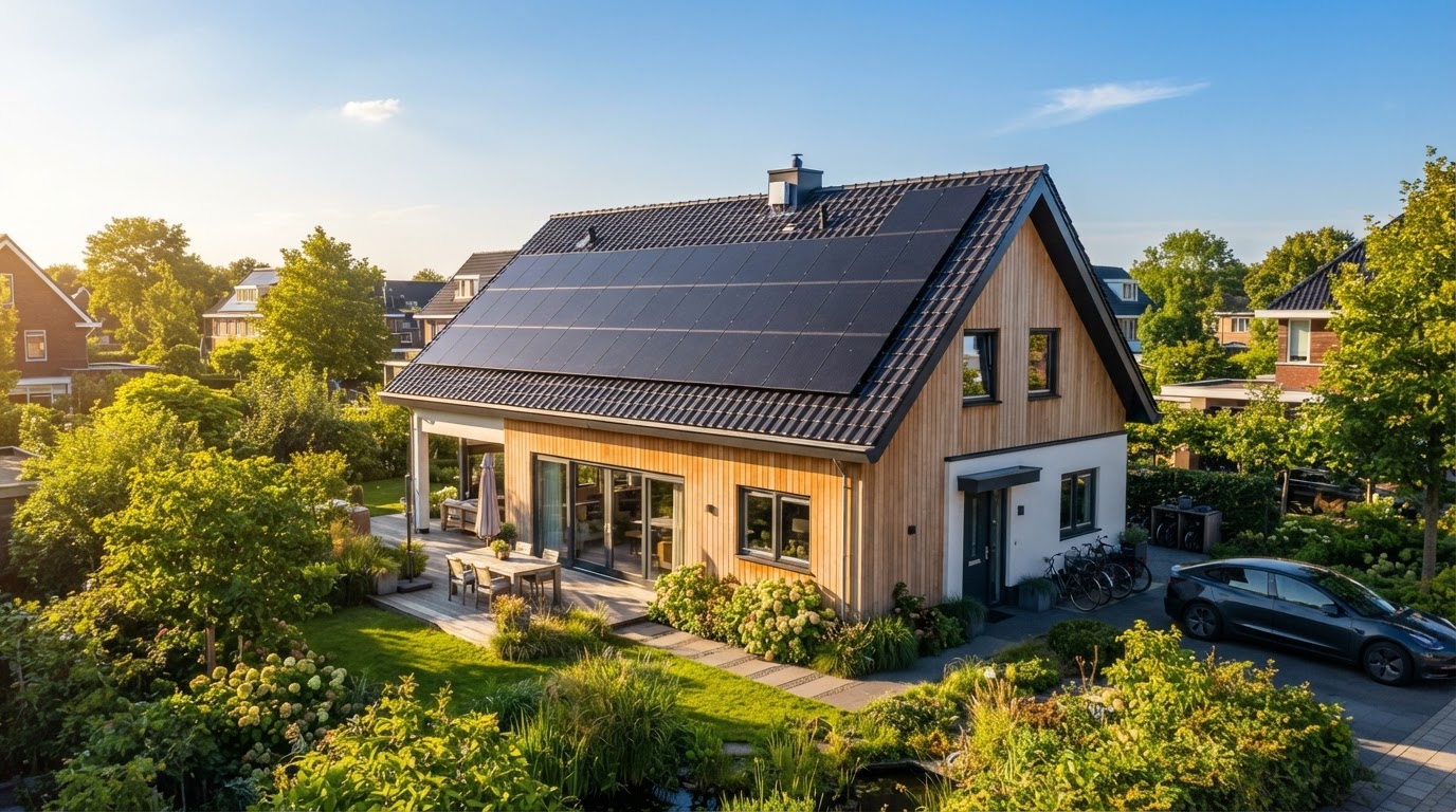 Zonnepanelen op het dak van een moderne Nederlandse woning op een zonnige dag