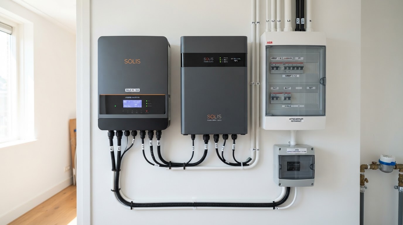 Een Solis hybride omvormer en thuisbatterij netjes gemonteerd in een Nederlandse meterkast