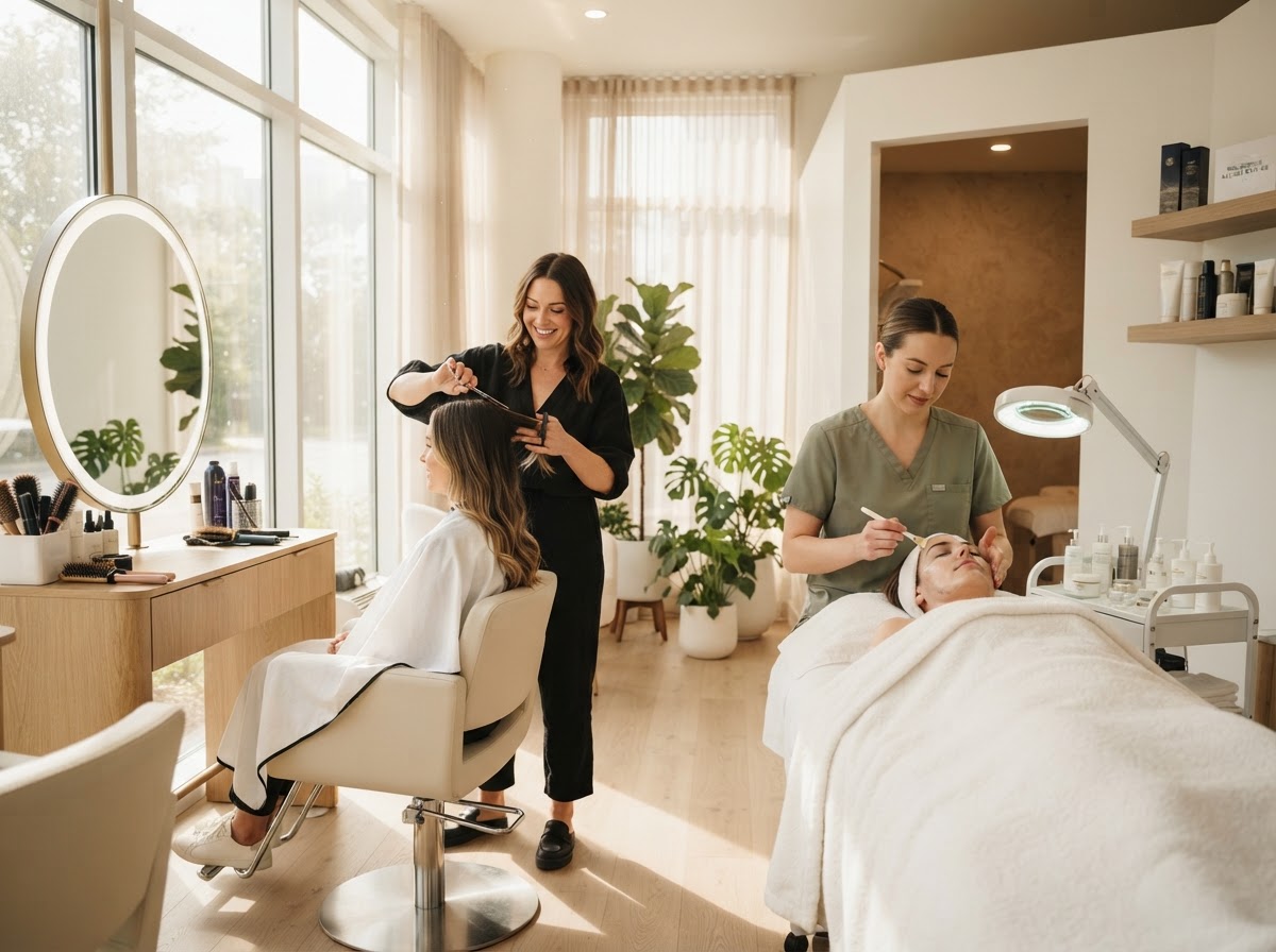A hair stylist and skincare therapist working together in a bright, welcoming salon filled with natural light