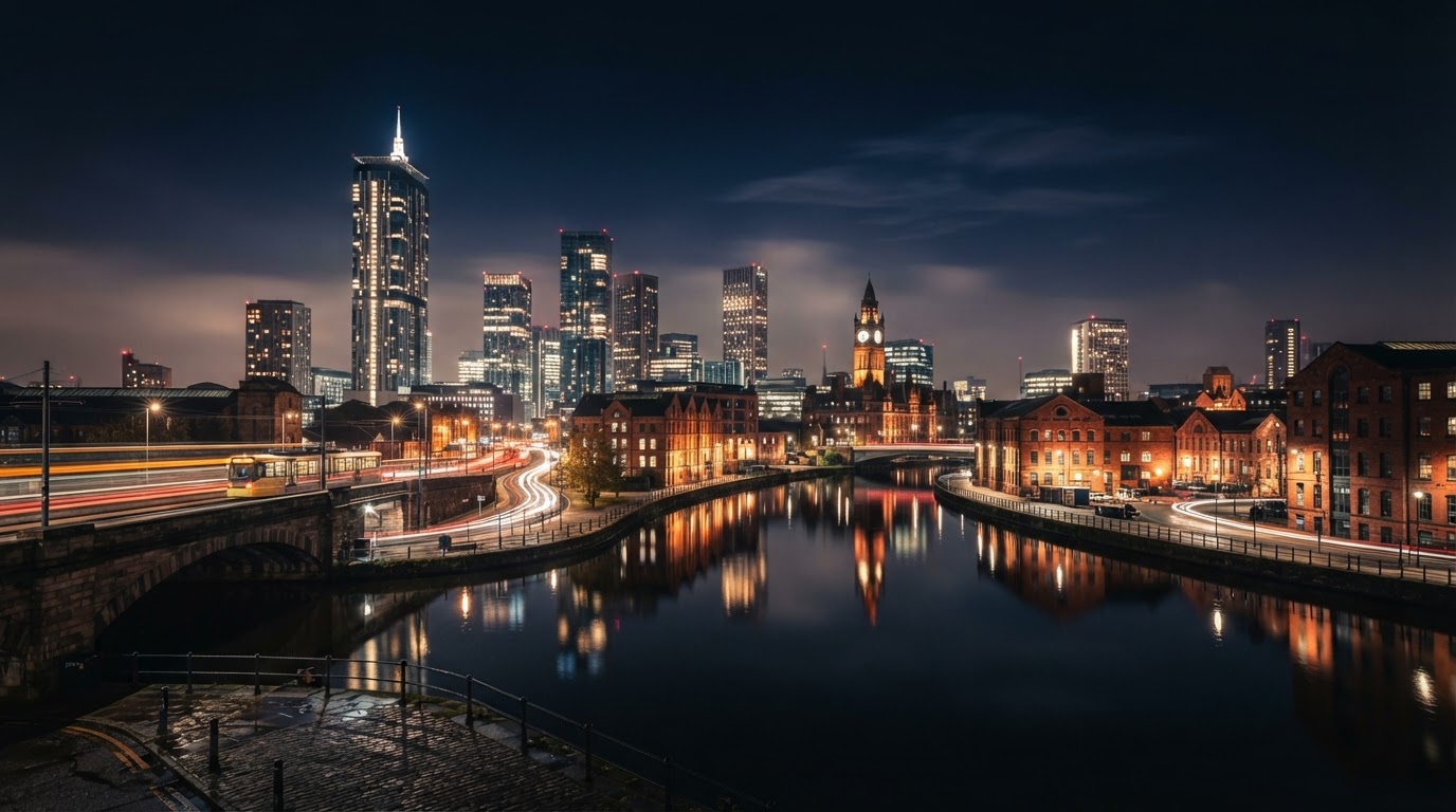 Manchester skyline at night — JKOA Group headquarters cityscape