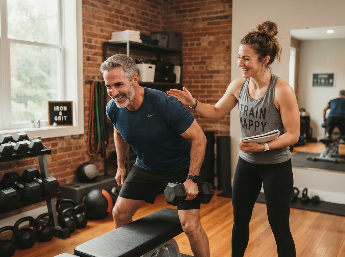 A personal trainer coaching a client in their late forties through a dumbbell strength workout in a warm private studio.