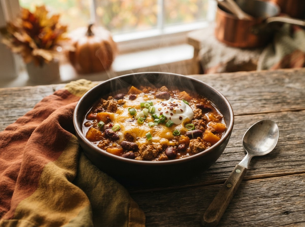 A bowl of hearty pumpkin turkey chili with kidney beans, topped with shredded cheese and green onions.