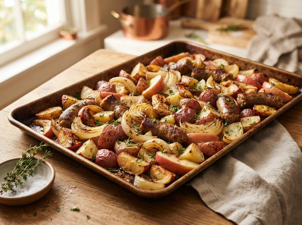 A rustic one-pan bake of roasted red potatoes, apple slices, onion, and chicken herb sausage links.