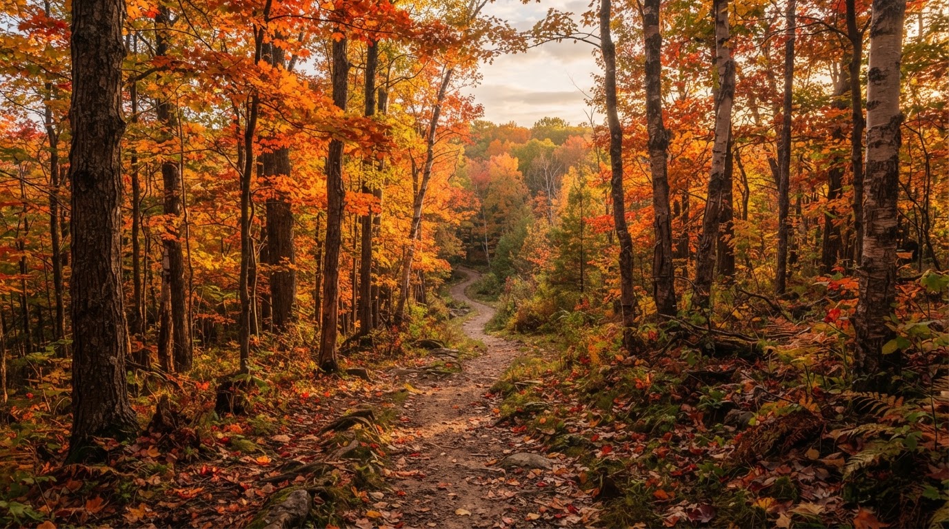 A scenic fall trail lined with vibrant orange and golden autumn trees at sunrise.