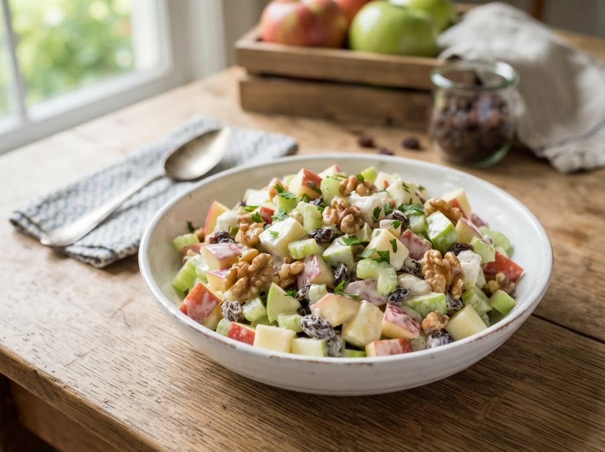 A fresh Waldorf salad with diced apples, celery, raisins, and toasted walnuts in a creamy yogurt dressing.