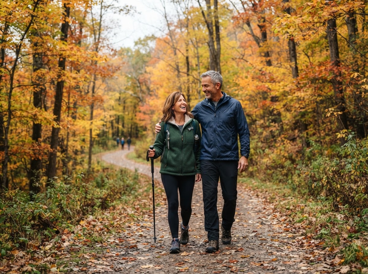 A man and woman in their late forties enjoying a brisk fall morning hike through a park with golden and orange autumn leaves.