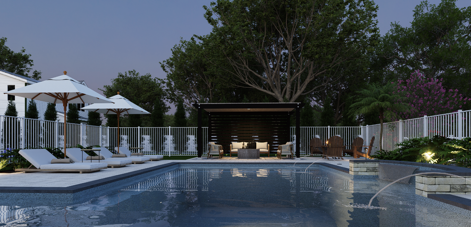 Modern Pool Pavilion with Sheer Descents & Cabana