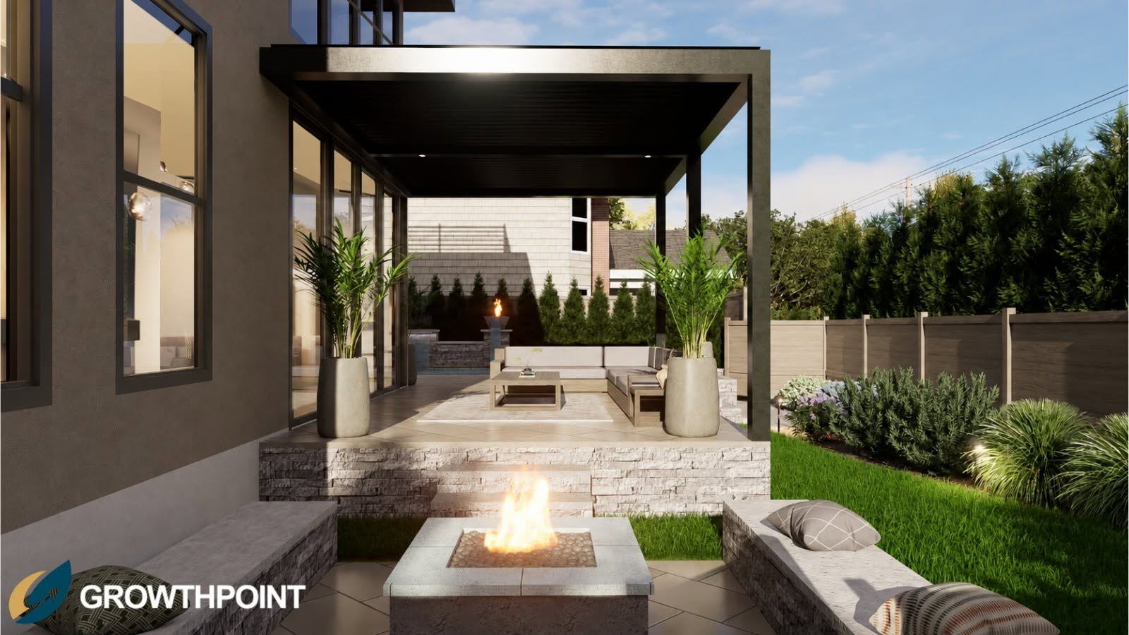 Louvered Patio Pavilion & Sunken Stone Fire Feature