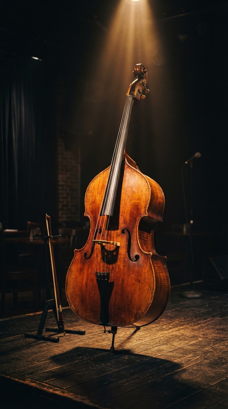 Upright double bass in warm amber stage lighting