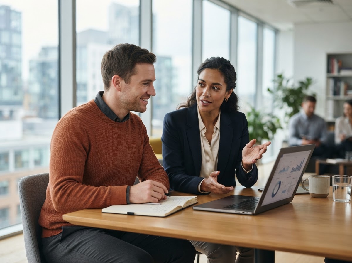 Two business advisors discussing strategic direction in a modern executive office