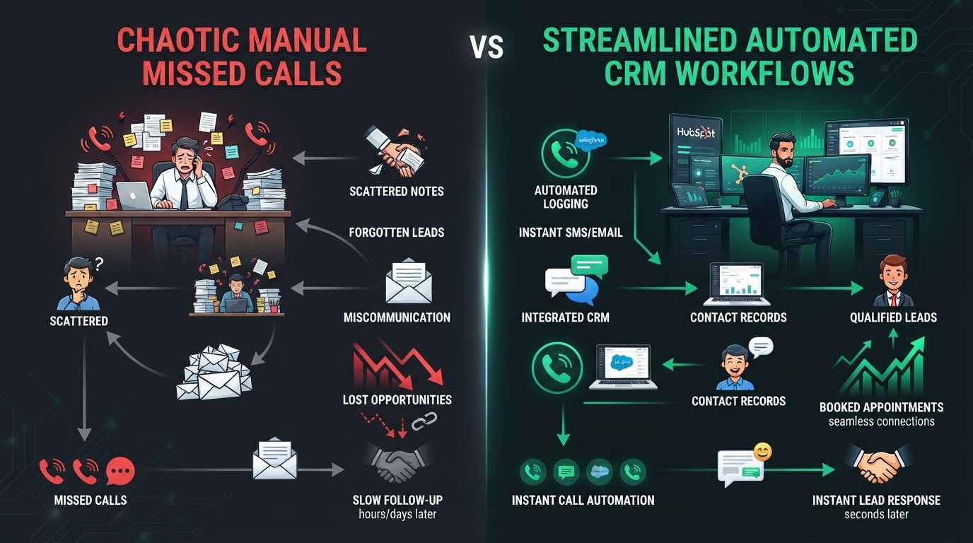 Side-by-side comparison diagram of manual friction versus automated CRM follow-up