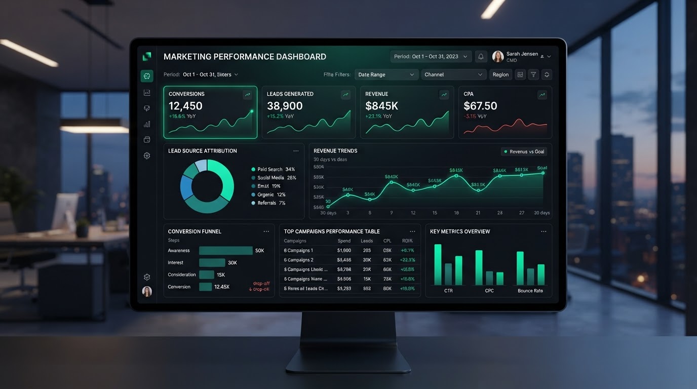 Lead source attribution dashboard and ROI analytics