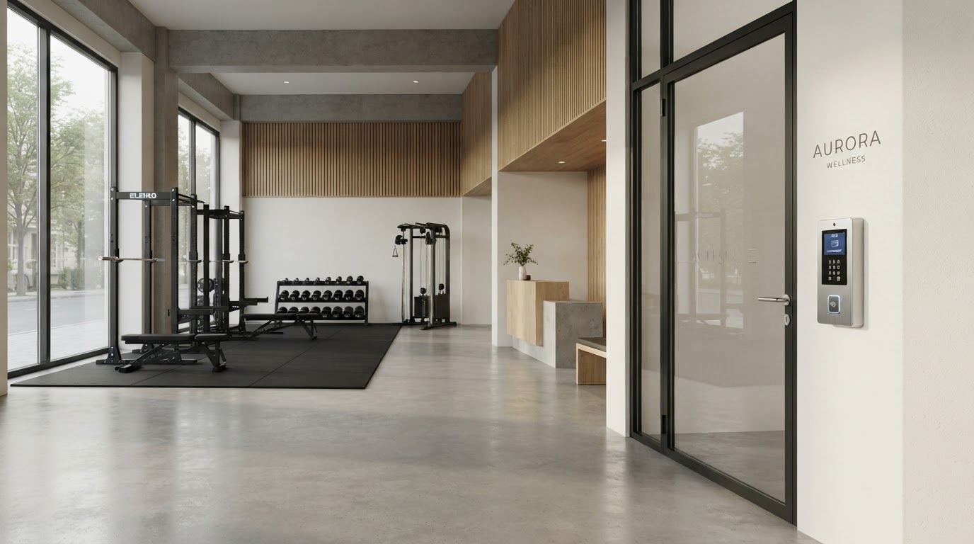 Independent gym entry with door access hardware installed beside a glass door
