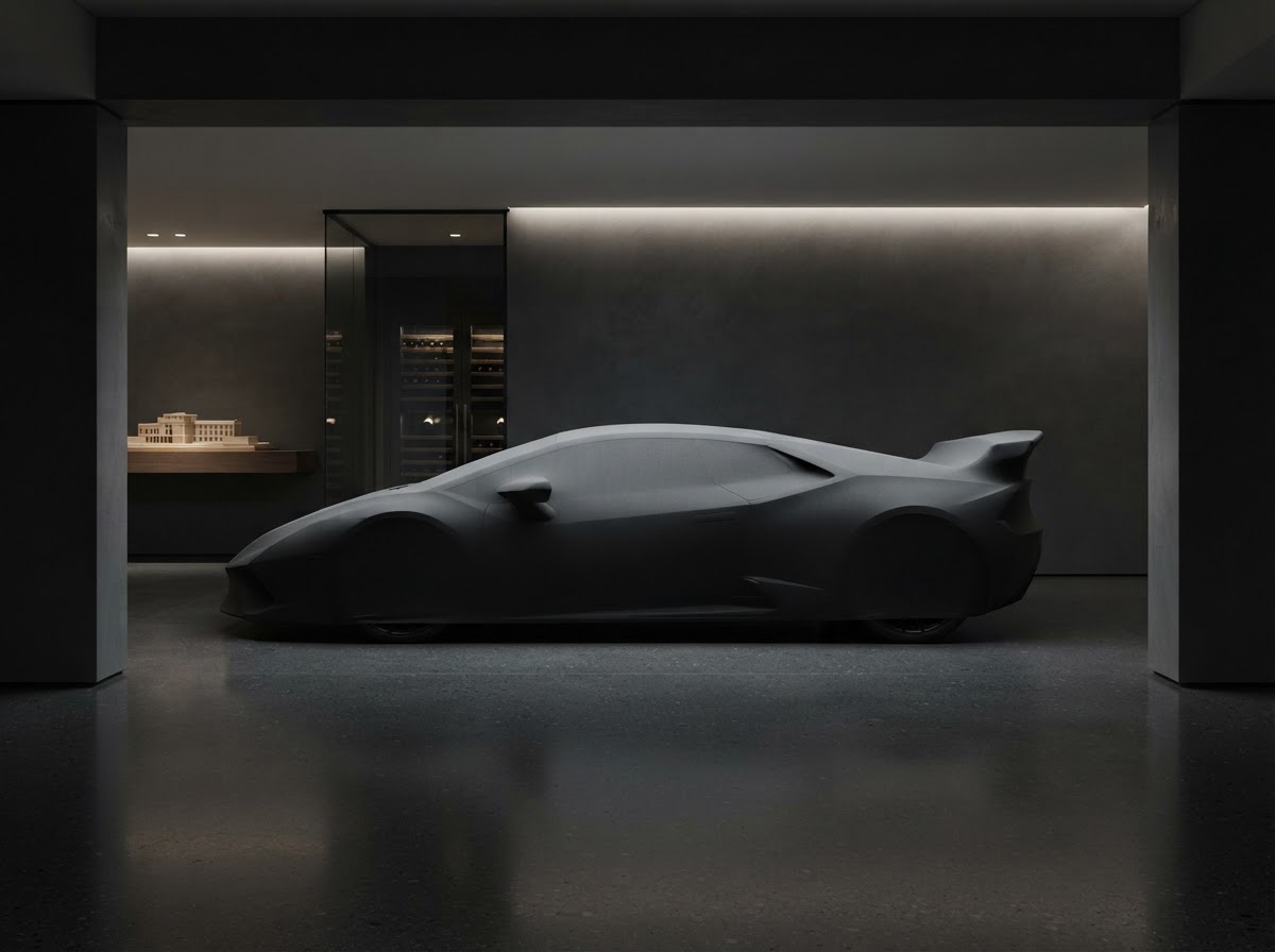 A covered modern car in a clean dim garage in Lodi NJ