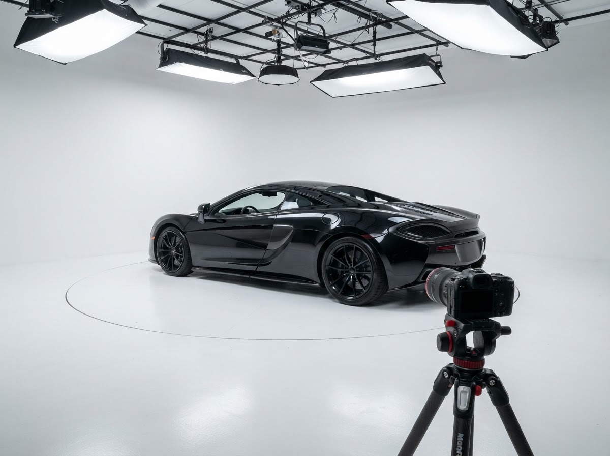 A moody automotive studio lounge with red neon in Lodi NJ