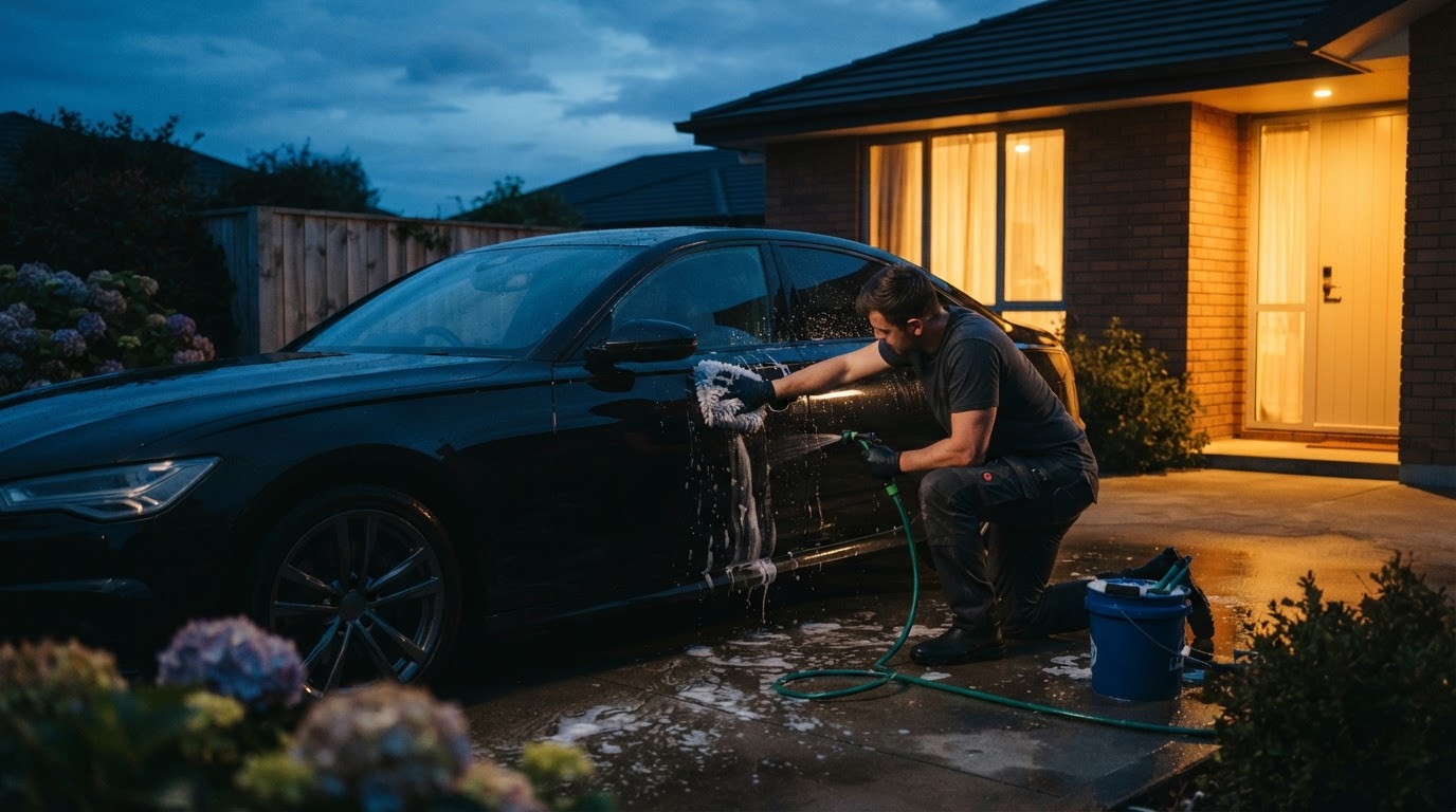 Hand washing a glossy deep red sports car with foam and water in a dark studio in Lodi NJ