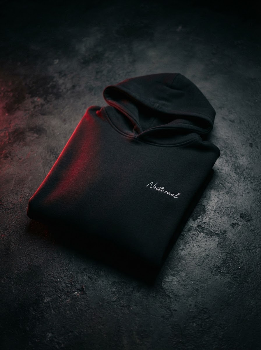 A folded black hoodie with a script wordmark
