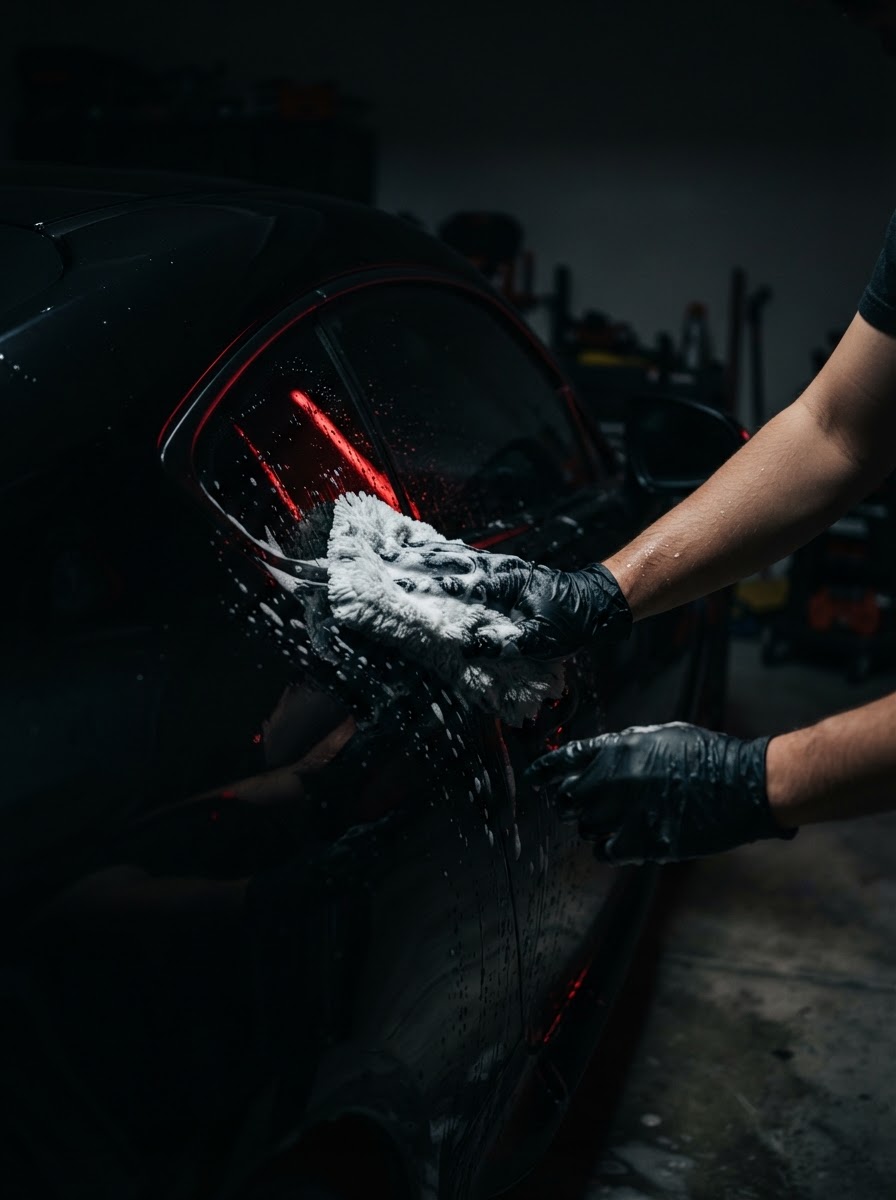 Gloved hands hand washing a glossy black car with a wash mitt in Lodi NJ