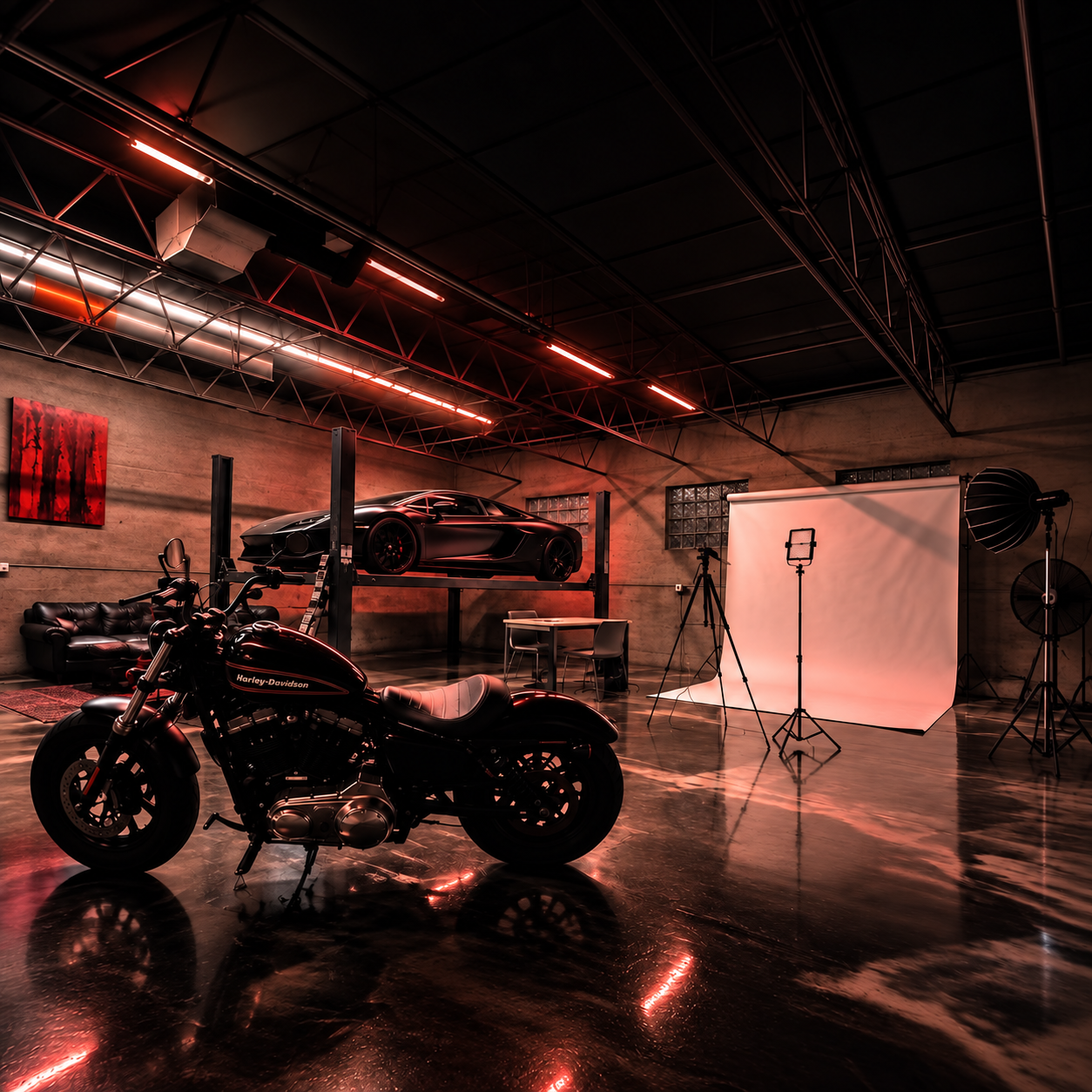 TSFMC automotive studio and clubhouse with car lift and production backdrop in Lodi NJ