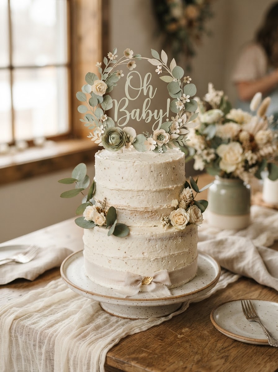 Baby shower cake with a delicate paper topper