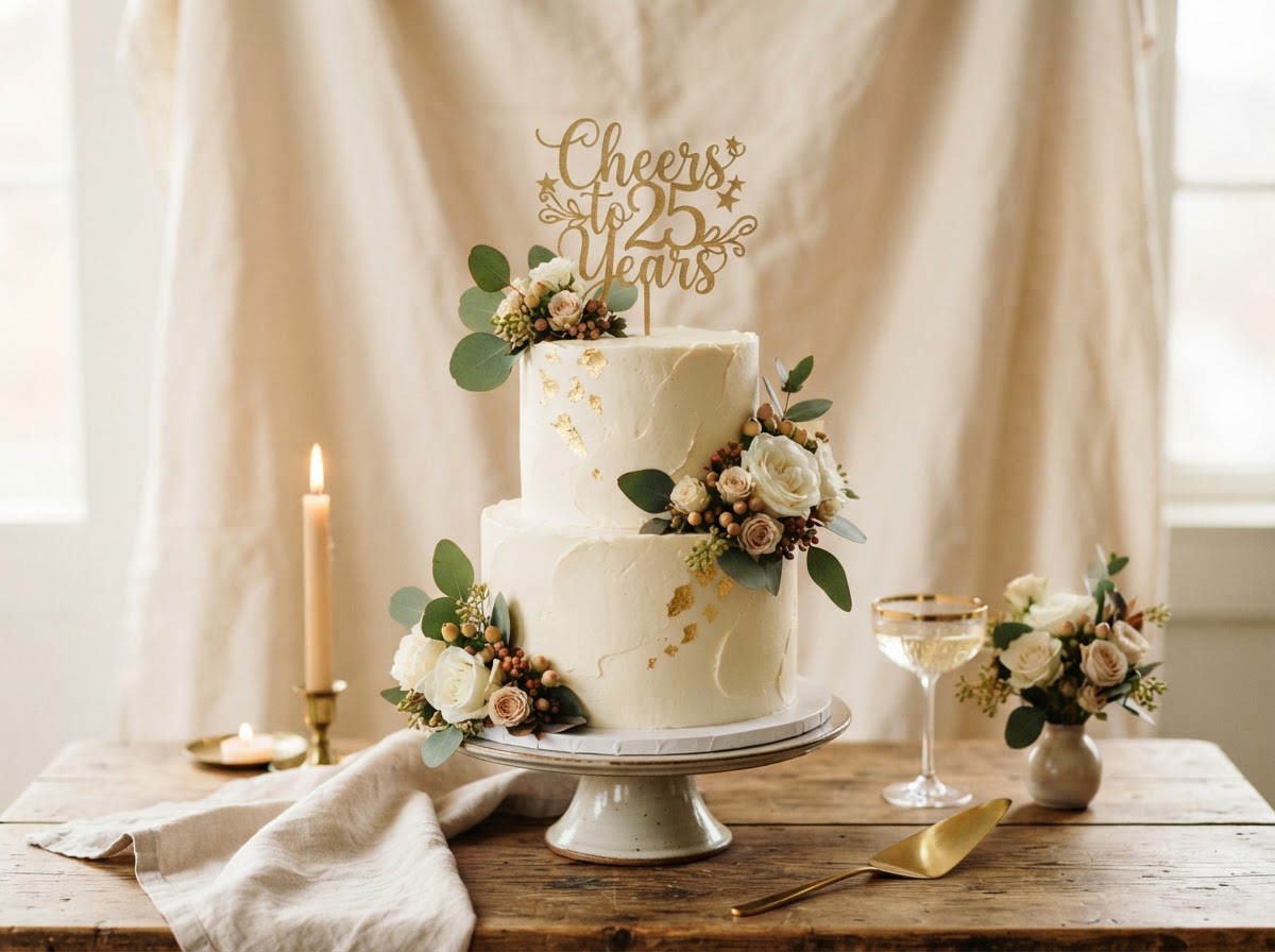Anniversary cake with a gold paper topper