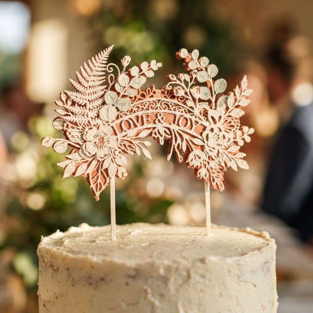 Close-up of an intricate handmade paper cake topper