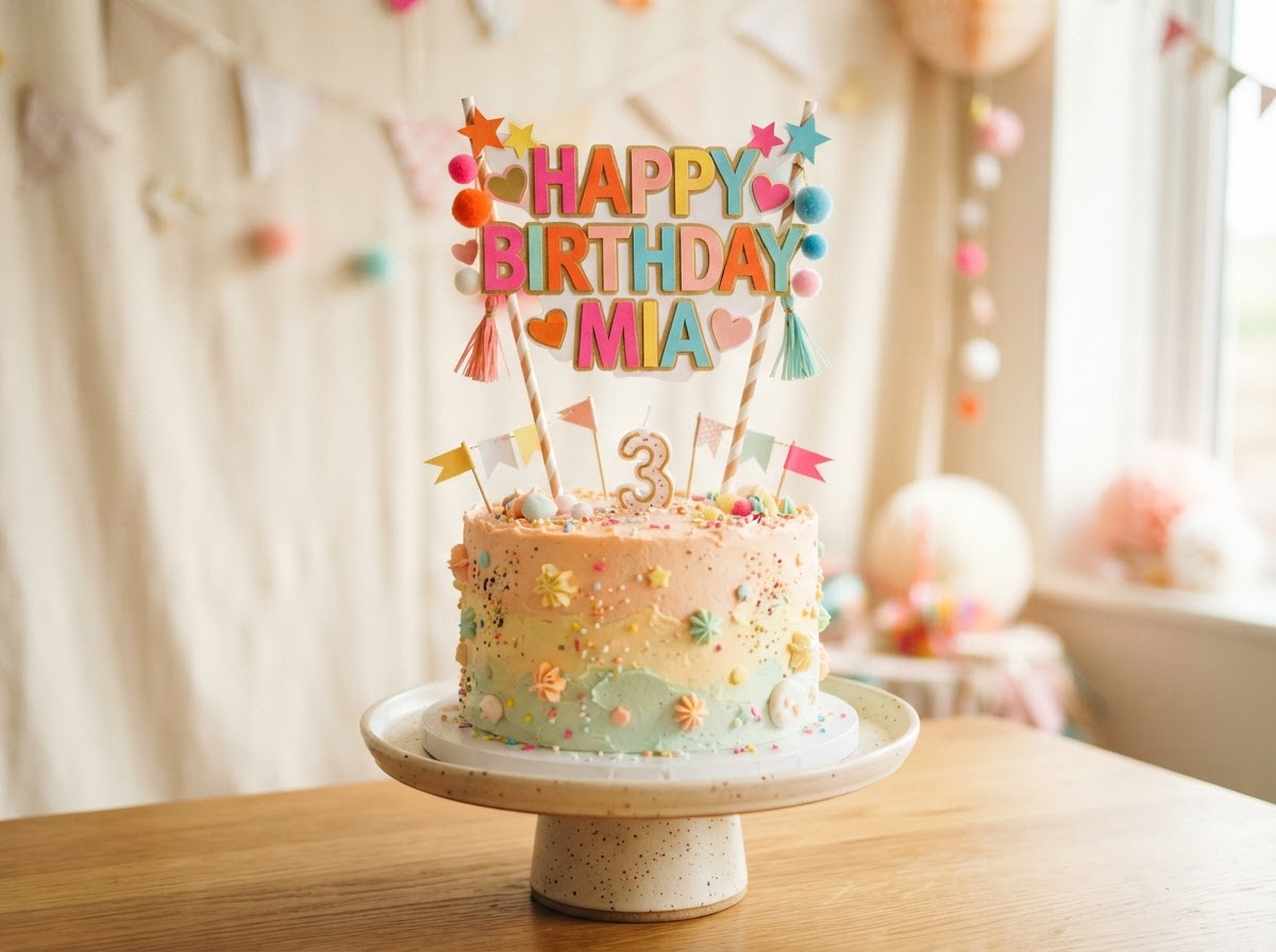 Birthday cake with a colourful paper name topper