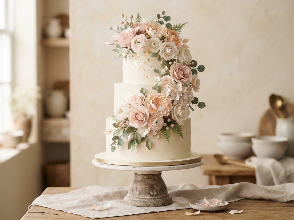 Cake decorated with handmade paper flowers