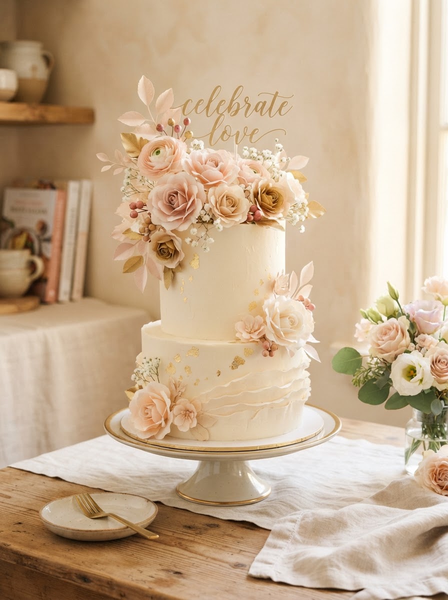 Two-tier celebration cake with an elegant paper topper
