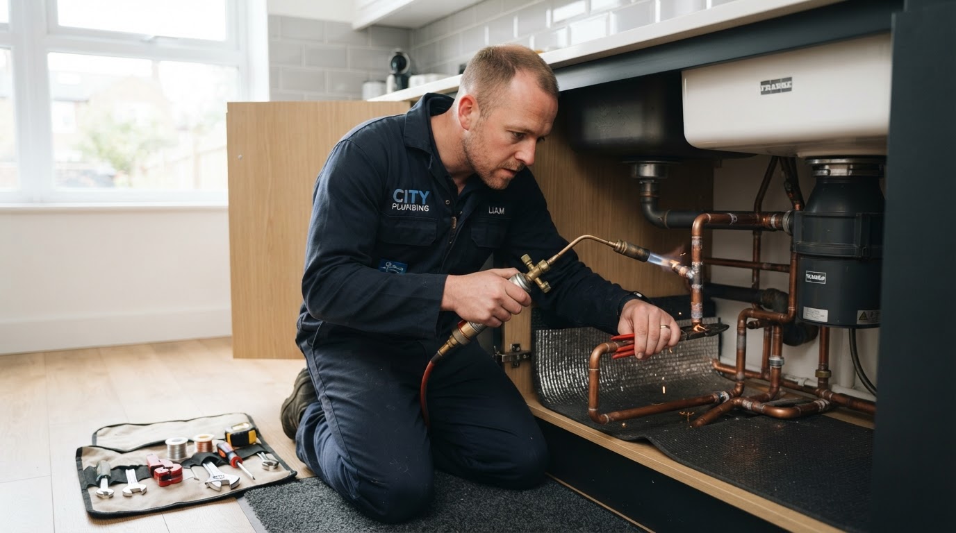 A professional plumber repairing copper pipes under a kitchen sink in a modern UK home