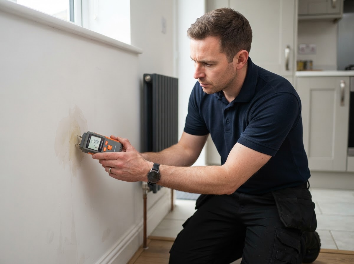 A professional investigating leak detection work in a modern UK home