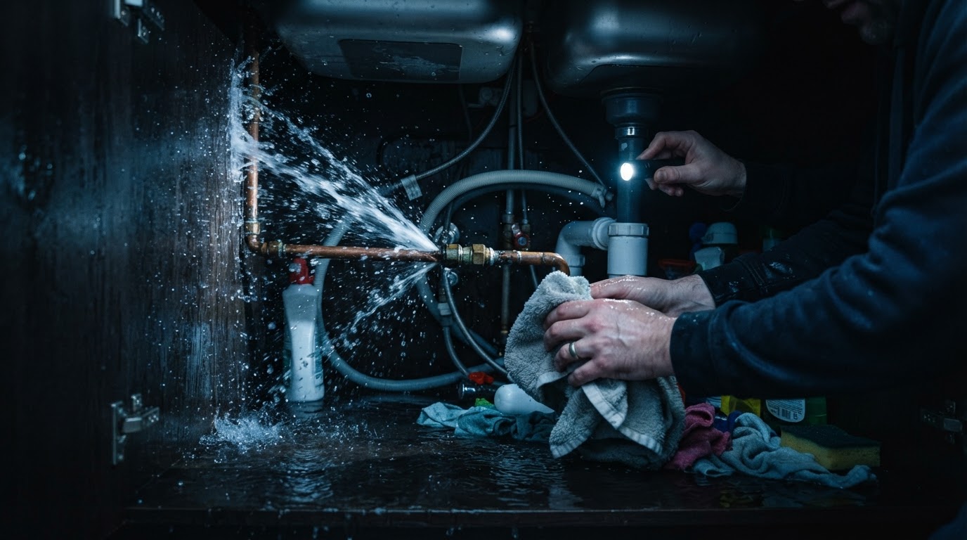 Water spraying from a burst pipe under a kitchen sink