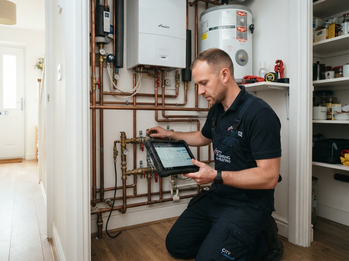 A professional plumber inspecting copper pipework in a modern UK home utility cupboard