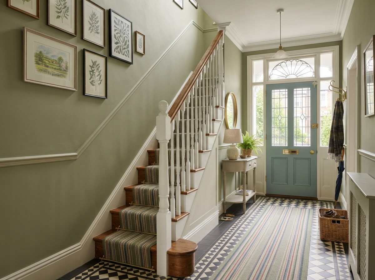A painted British hallway with painted staircase, crisp white spindles and sage-green wall