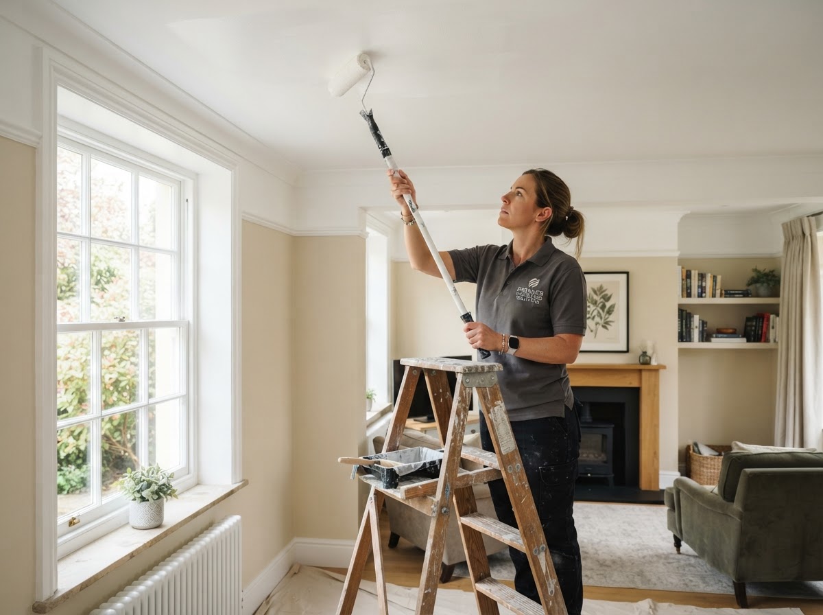 A professional decorator on a stepladder using a roller to paint a bright white ceiling in a British home