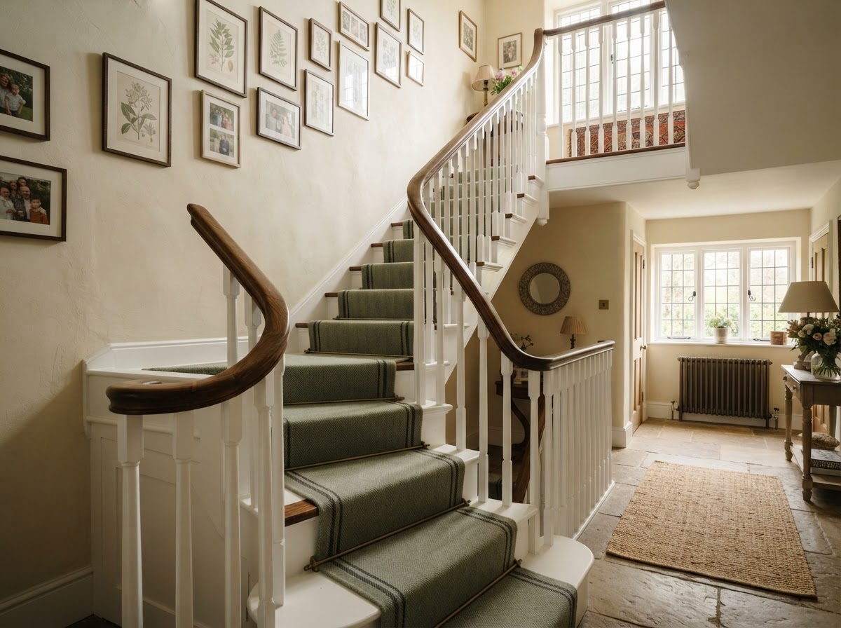 A beautifully painted wooden British staircase with fresh white spindles, a sage green runner and warm ivory wall