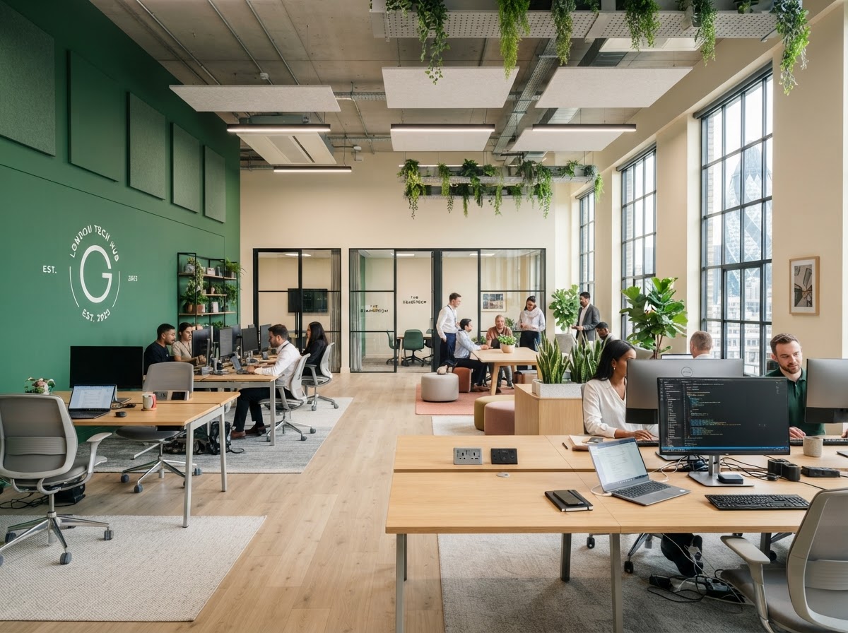 A freshly decorated modern open-plan British office interior with smooth painted feature walls in heritage green and warm ivory