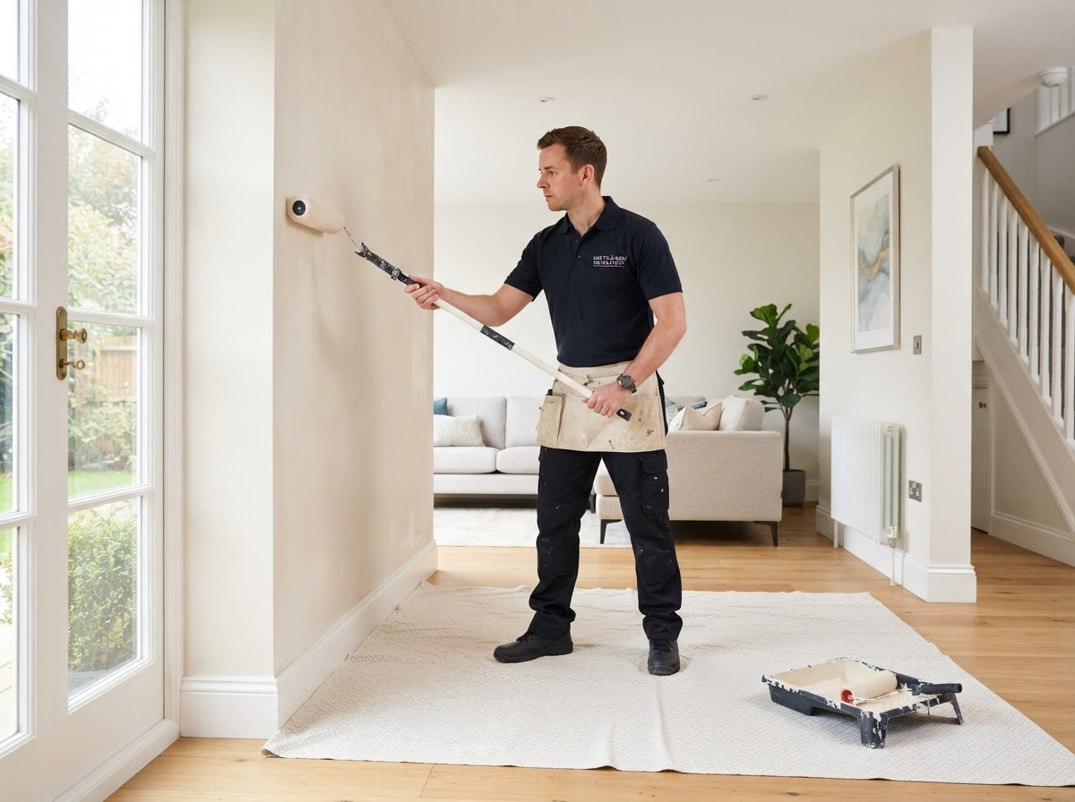 A professional decorator using a roller to paint an interior wall in a bright British living room