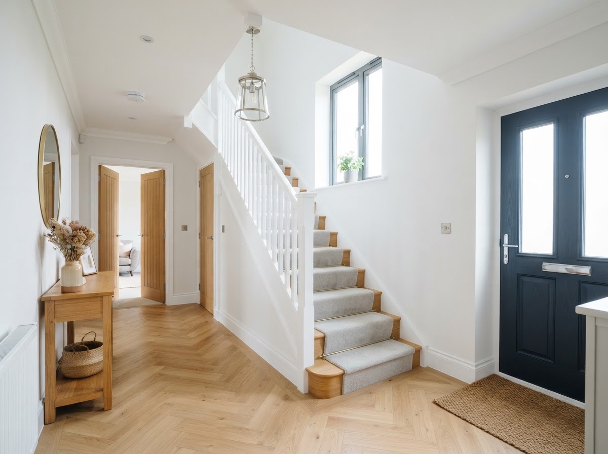 A freshly decorated new-build British home interior with crisp white walls and clean painted woodwork
